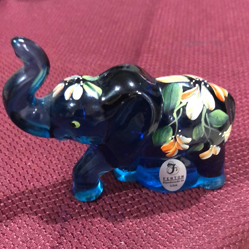 Fenton Elephant Blue w/ Flowers Hand Painted by M Young Fenton Sticker